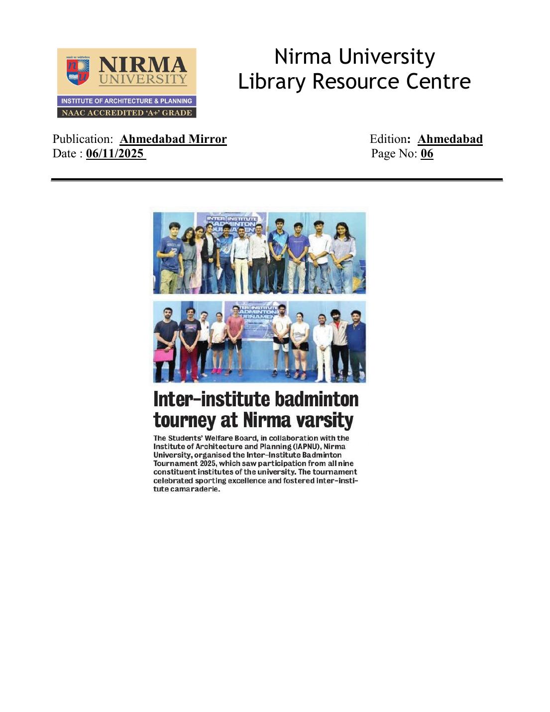 Inter-institute badminton tourney at Nirma varsity