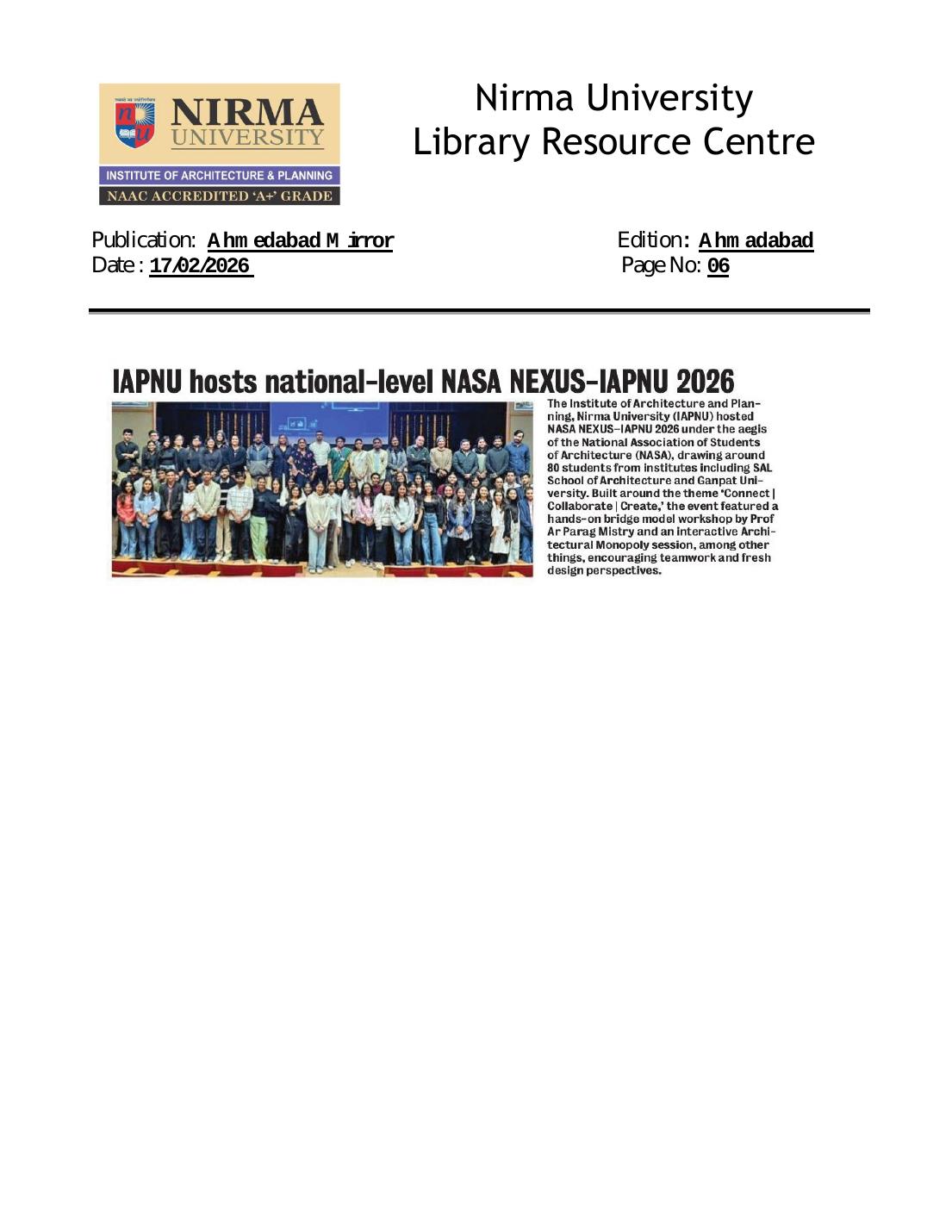 NASA NEXUS 2026 at IAPNU — a national stage for young architects — LinkedIn post by Prof. Ar. Biswanath Mudi